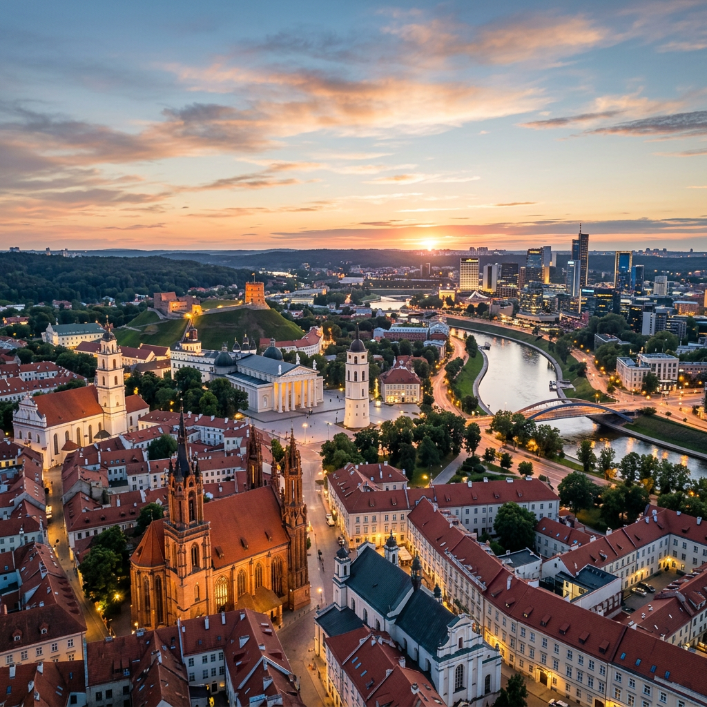 Aerial view of a historic city center with churches, red-roofed buildings, a river, and a modern skyline at sunset